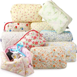 Paterr 10 Pcs Cotton Quilted Makeup Bag Bulk Floral Cosmetic Pouch Gingham Make up Bag Coquette Aesthetic Makeup Pouch with Zipper Travel Portable Case Preppy Gifts for Women(Classic Style)