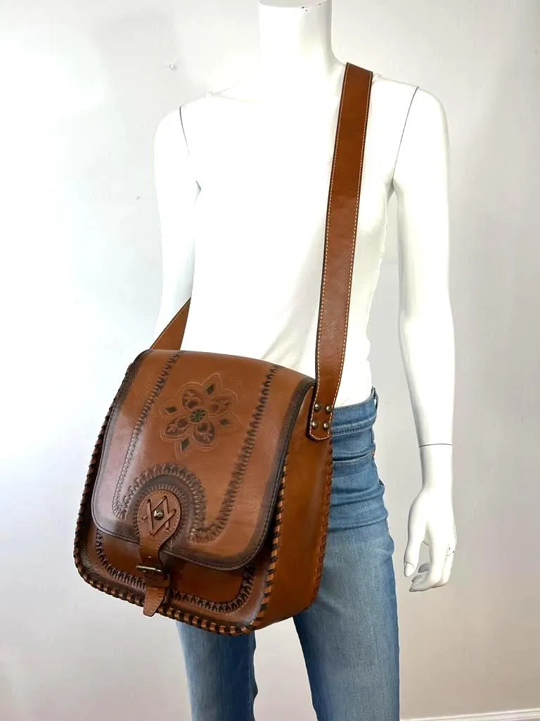 PATRICIA NASH PAINTED TOOLED BARLETTA LEATHER MESSENGER BAG