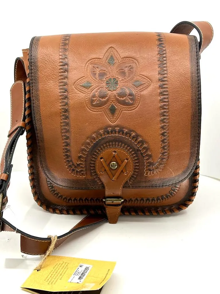 PATRICIA NASH PAINTED TOOLED BARLETTA LEATHER MESSENGER BAG