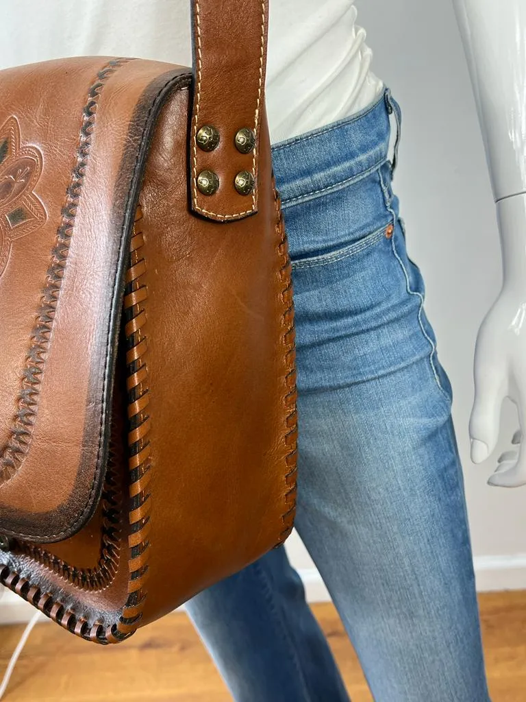 PATRICIA NASH PAINTED TOOLED BARLETTA LEATHER MESSENGER BAG