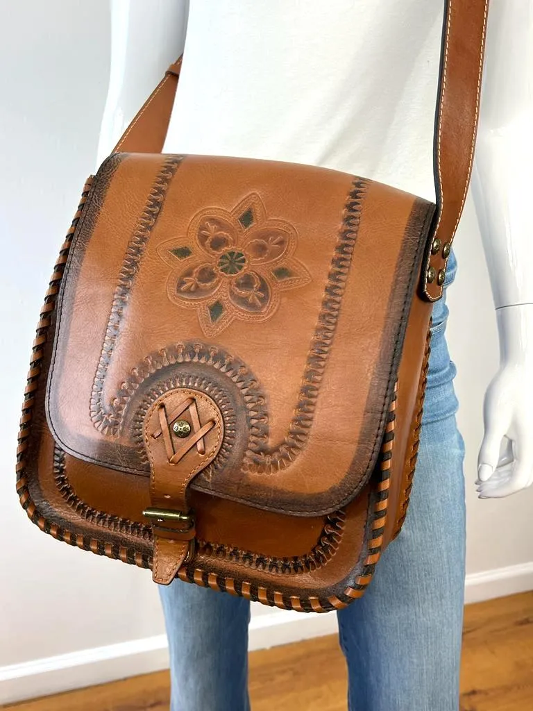 PATRICIA NASH PAINTED TOOLED BARLETTA LEATHER MESSENGER BAG