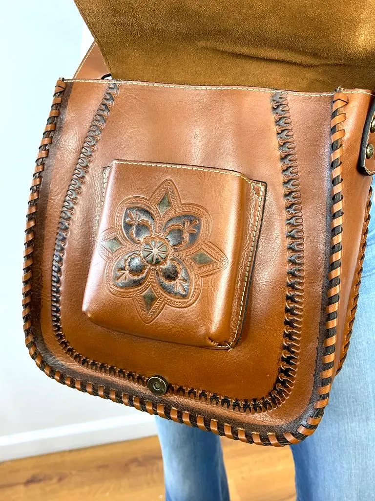 PATRICIA NASH PAINTED TOOLED BARLETTA LEATHER MESSENGER BAG