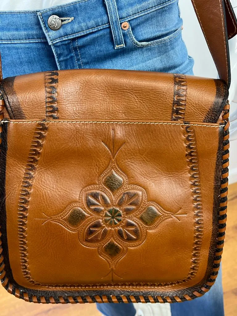 PATRICIA NASH PAINTED TOOLED BARLETTA LEATHER MESSENGER BAG