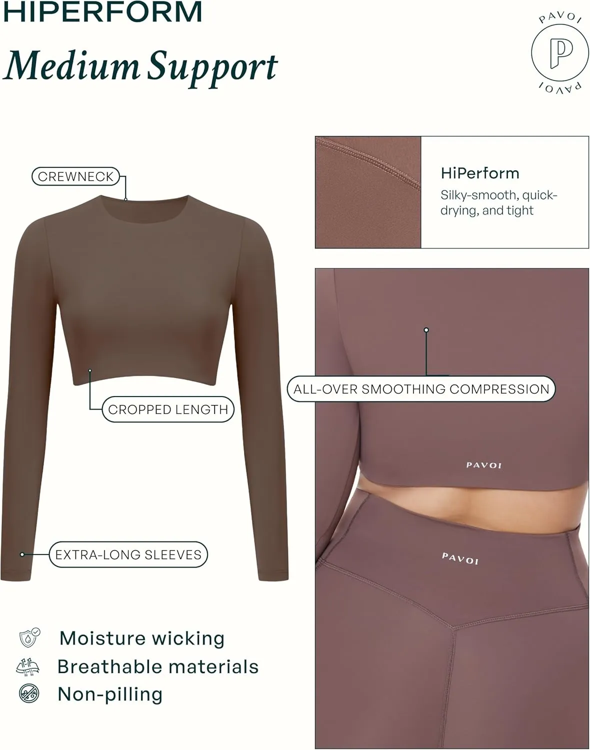 PAVOI ACTIVE Long Sleeve Crop Top | Medium Support Crew Neck Moisture-Wicking Women's Performance Gym Workout Tee | HiPerform