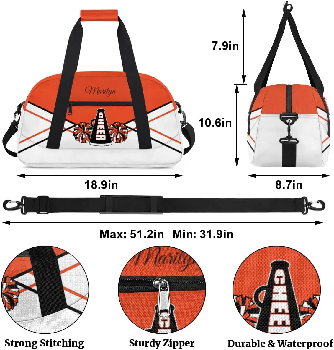 Personalized Cheerleader Bag for Girls Kids, Custom Gym Bag Overnight Small Duffel Bag with Padded Handles Carry On Weekend Sports Travel Bag for School Practice, Cheerleader Red White