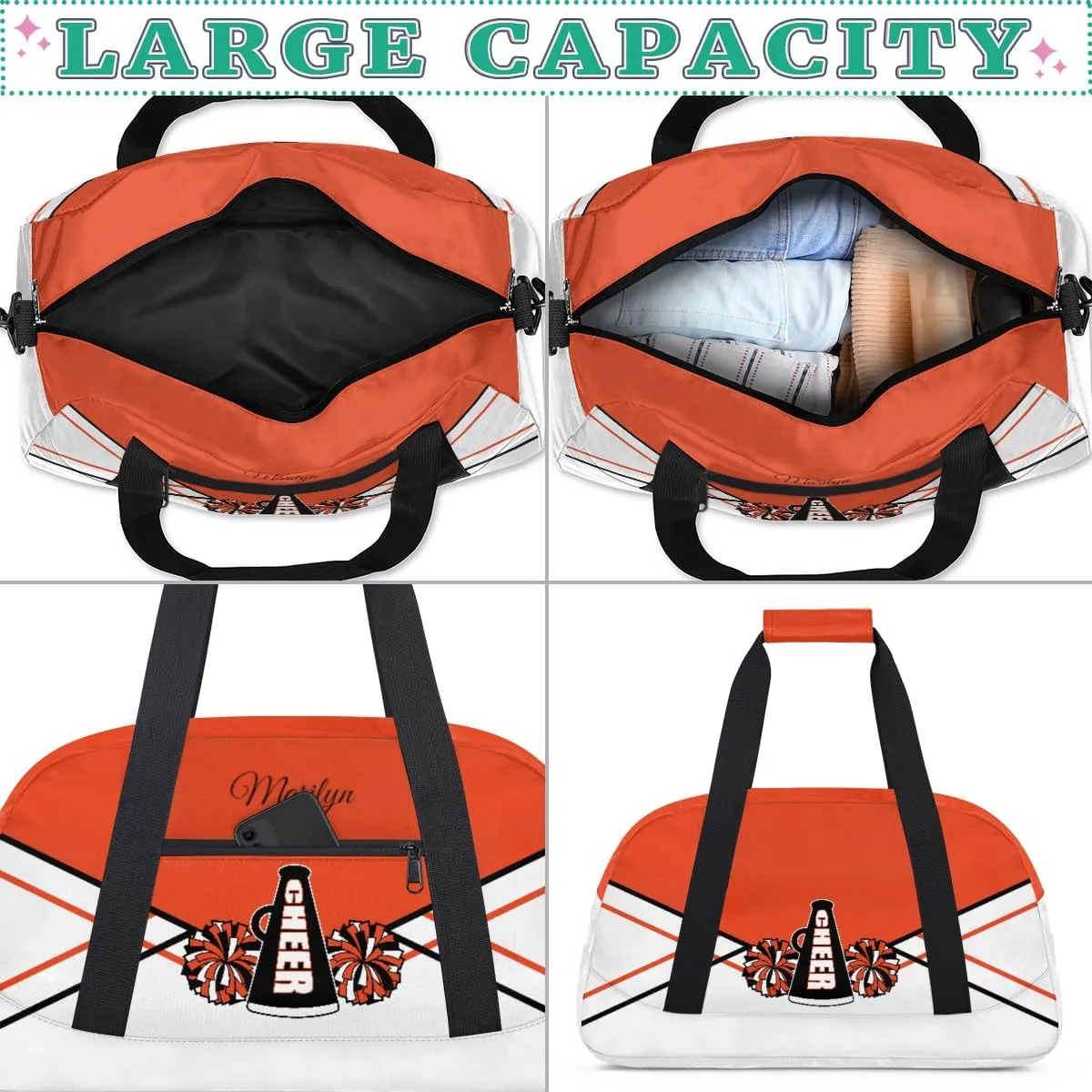 Personalized Cheerleader Bag for Girls Kids, Custom Gym Bag Overnight Small Duffel Bag with Padded Handles Carry On Weekend Sports Travel Bag for School Practice, Cheerleader Red White