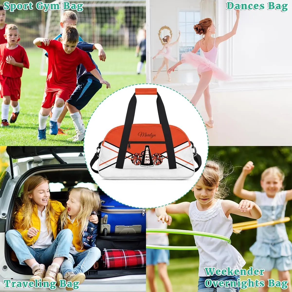 Personalized Cheerleader Bag for Girls Kids, Custom Gym Bag Overnight Small Duffel Bag with Padded Handles Carry On Weekend Sports Travel Bag for School Practice, Cheerleader Red White