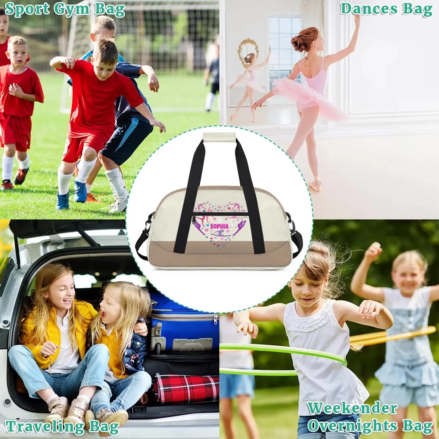 Personalized Dance Bag, Gym Silhouette Love Heart Beige Khaki Cheerleader Bag Gym Sport Duffel Butterfly Weekender Bags Travel Duffel Bag