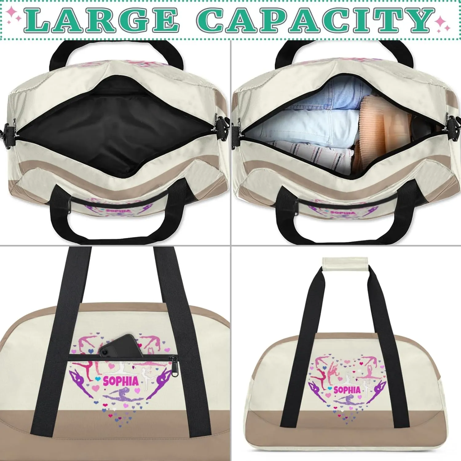 Personalized Dance Bag, Gym Silhouette Love Heart Beige Khaki Cheerleader Bag Gym Sport Duffel Butterfly Weekender Bags Travel Duffel Bag