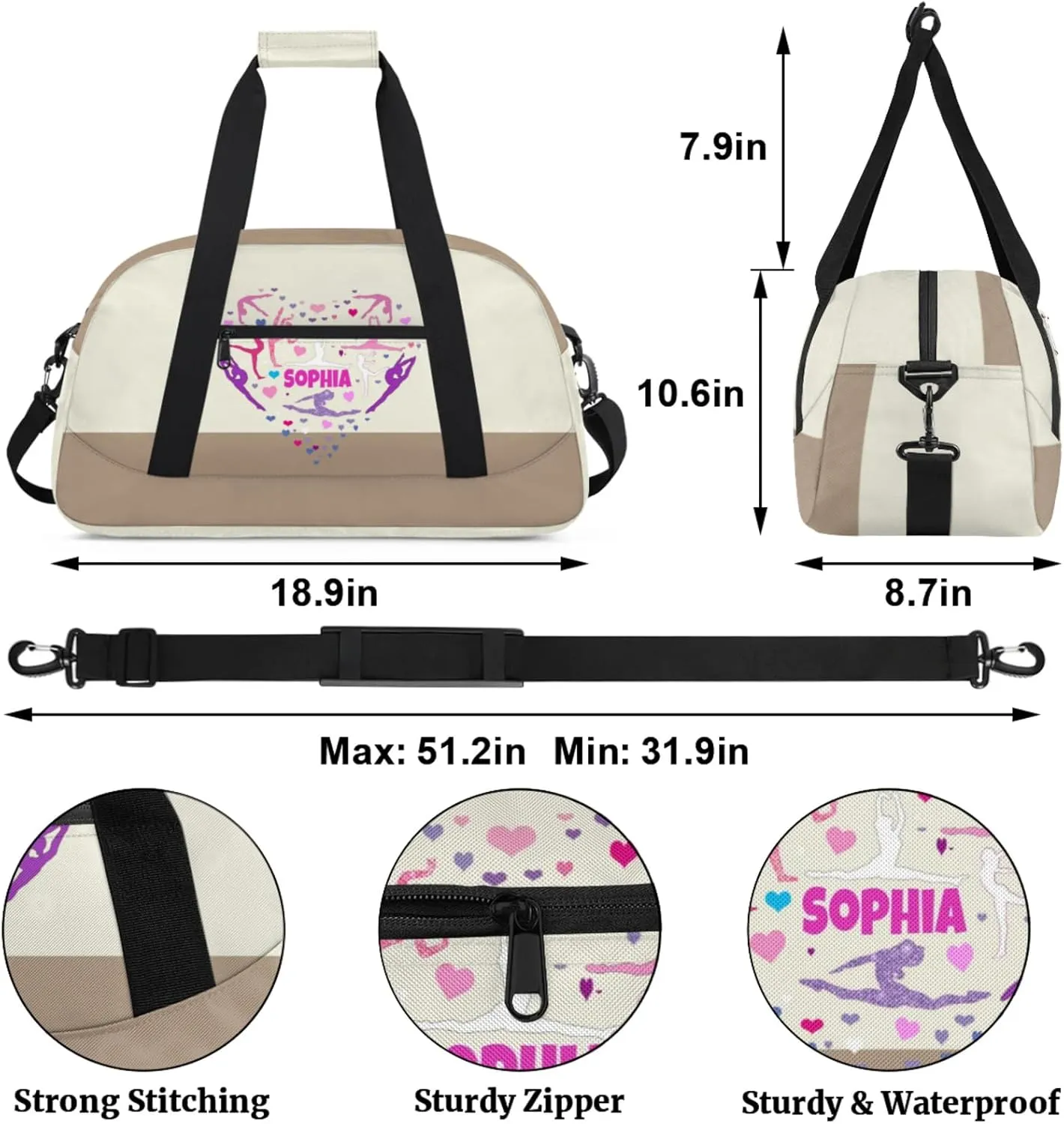 Personalized Dance Bag, Gym Silhouette Love Heart Beige Khaki Cheerleader Bag Gym Sport Duffel Butterfly Weekender Bags Travel Duffel Bag