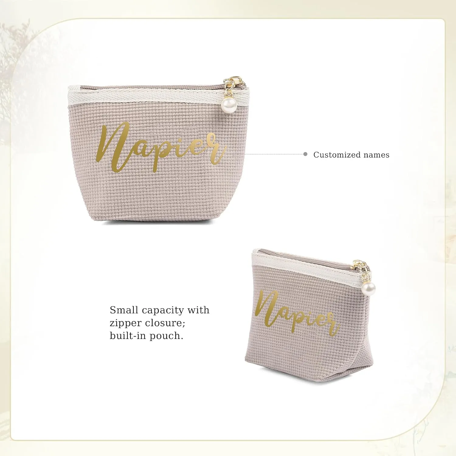 Personalized Name Makeup Bags for Women, Travel Cosmetic Bag Pouch, Small Makeup Bag for Purse, Customized Gifts for Women (Khaki-small)