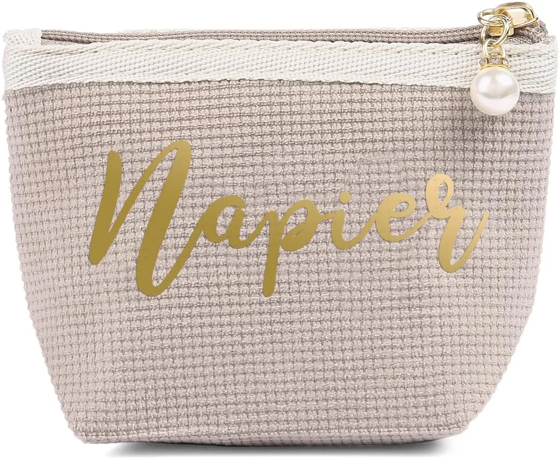 Personalized Name Makeup Bags for Women, Travel Cosmetic Bag Pouch, Small Makeup Bag for Purse, Customized Gifts for Women (Khaki-small)