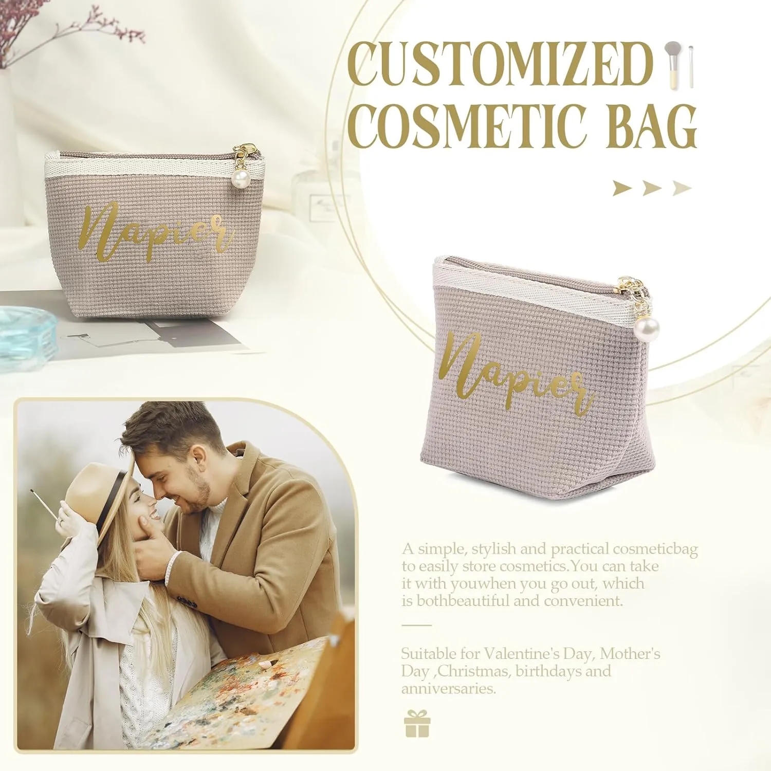Personalized Name Makeup Bags for Women, Travel Cosmetic Bag Pouch, Small Makeup Bag for Purse, Customized Gifts for Women (Khaki-small)