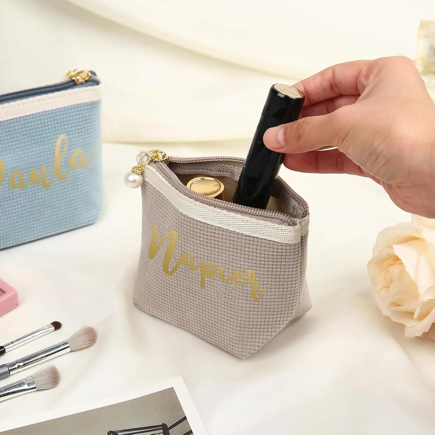 Personalized Name Makeup Bags for Women, Travel Cosmetic Bag Pouch, Small Makeup Bag for Purse, Customized Gifts for Women (Khaki-small)