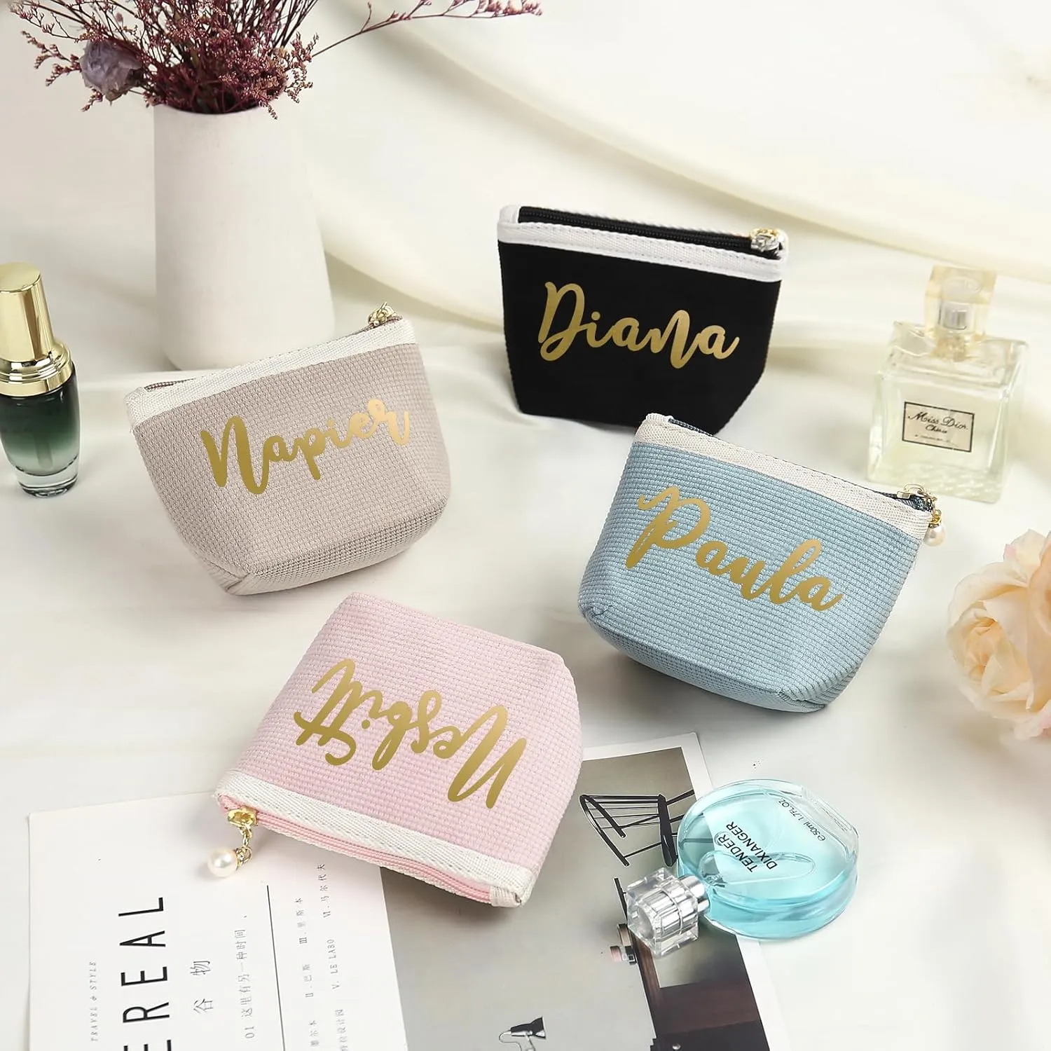 Personalized Name Makeup Bags for Women, Travel Cosmetic Bag Pouch, Small Makeup Bag for Purse, Customized Gifts for Women (Khaki-small)
