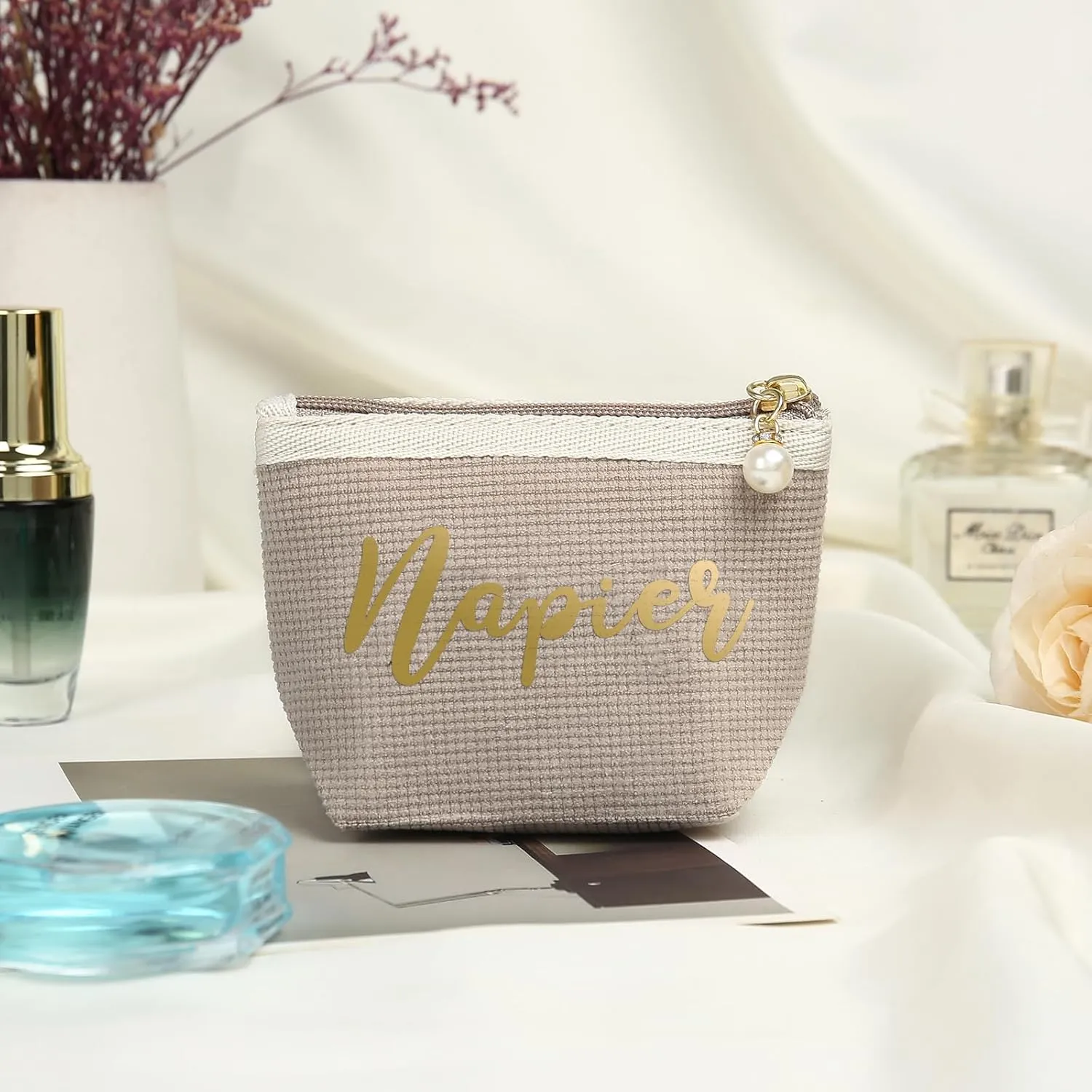Personalized Name Makeup Bags for Women, Travel Cosmetic Bag Pouch, Small Makeup Bag for Purse, Customized Gifts for Women (Khaki-small)