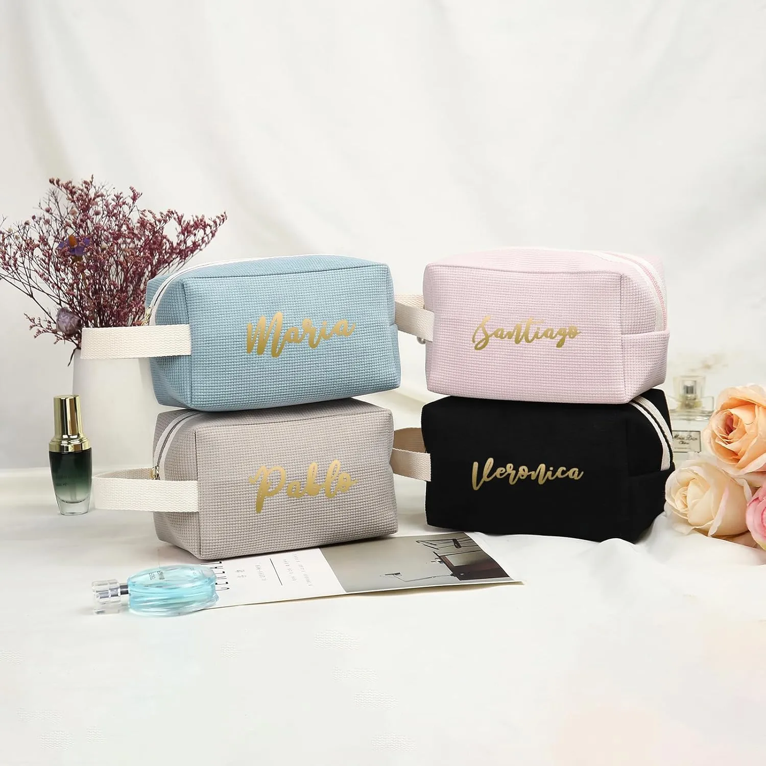 Personalized Name Makeup Bags for Women, Travel Cosmetic Bag Pouch, Small Makeup Bag for Purse, Customized Gifts for Women (Khaki)