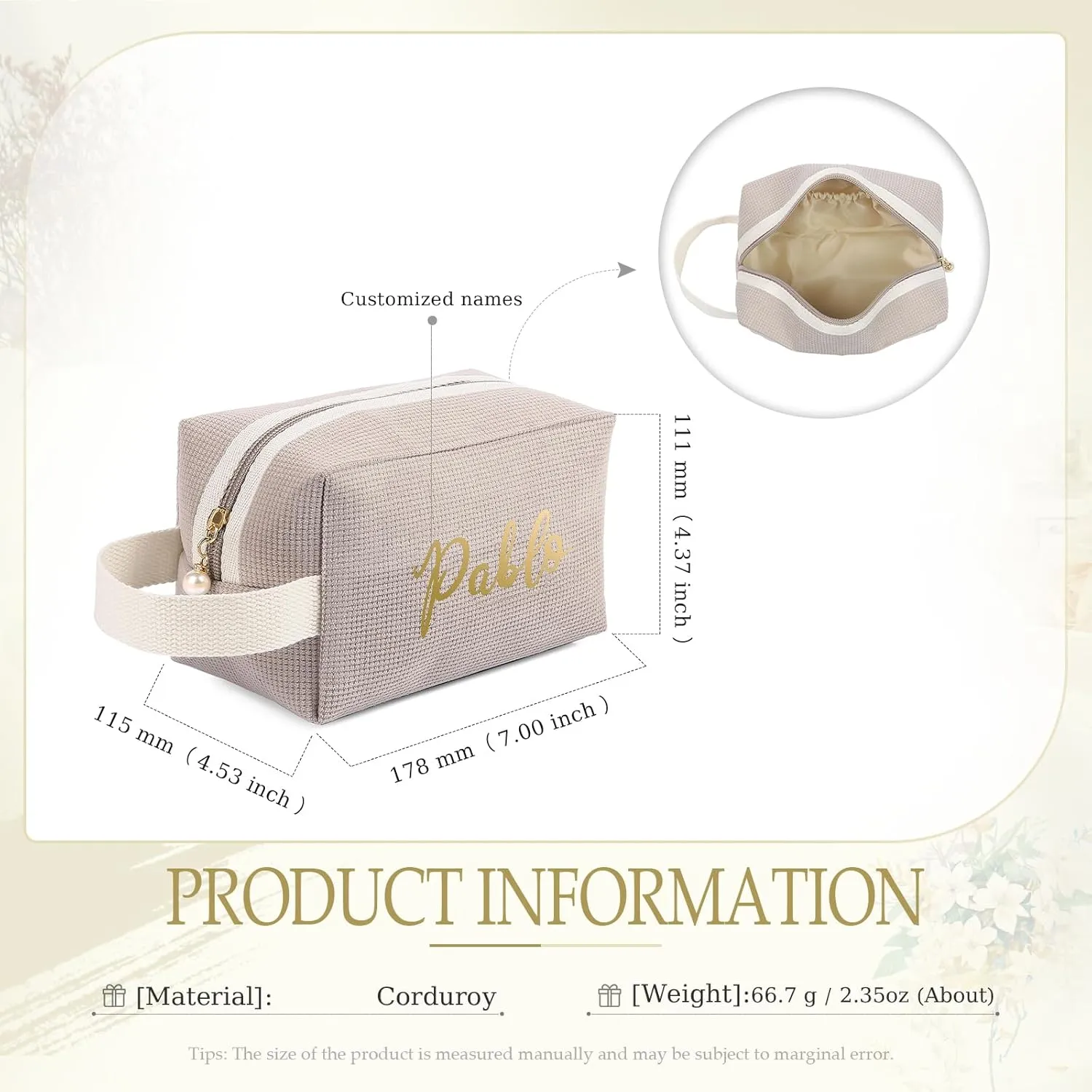 Personalized Name Makeup Bags for Women, Travel Cosmetic Bag Pouch, Small Makeup Bag for Purse, Customized Gifts for Women (Khaki)
