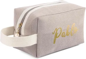 Personalized Name Makeup Bags for Women, Travel Cosmetic Bag Pouch, Small Makeup Bag for Purse, Customized Gifts for Women (Khaki)