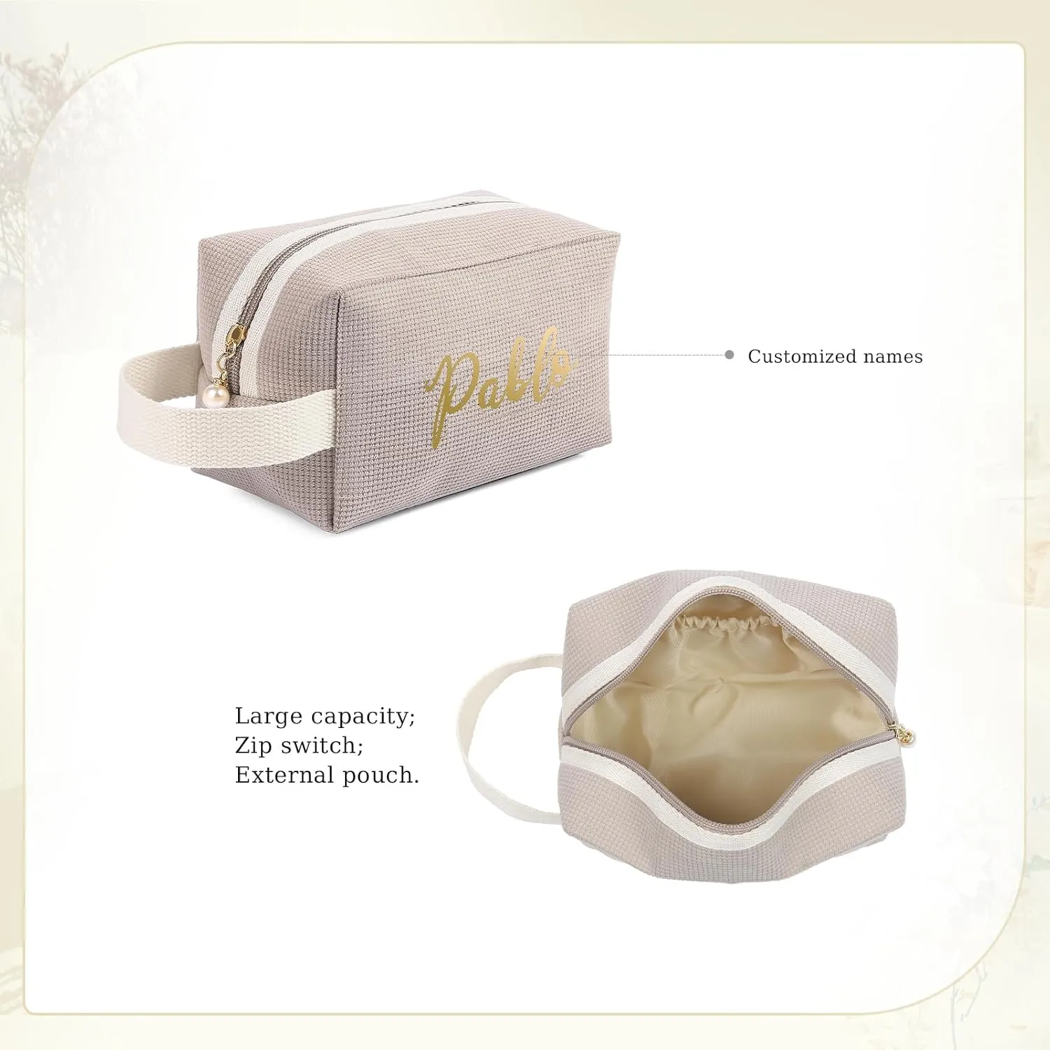 Personalized Name Makeup Bags for Women, Travel Cosmetic Bag Pouch, Small Makeup Bag for Purse, Customized Gifts for Women (Khaki)