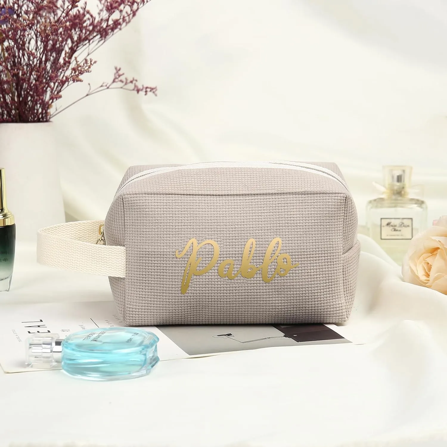 Personalized Name Makeup Bags for Women, Travel Cosmetic Bag Pouch, Small Makeup Bag for Purse, Customized Gifts for Women (Khaki)