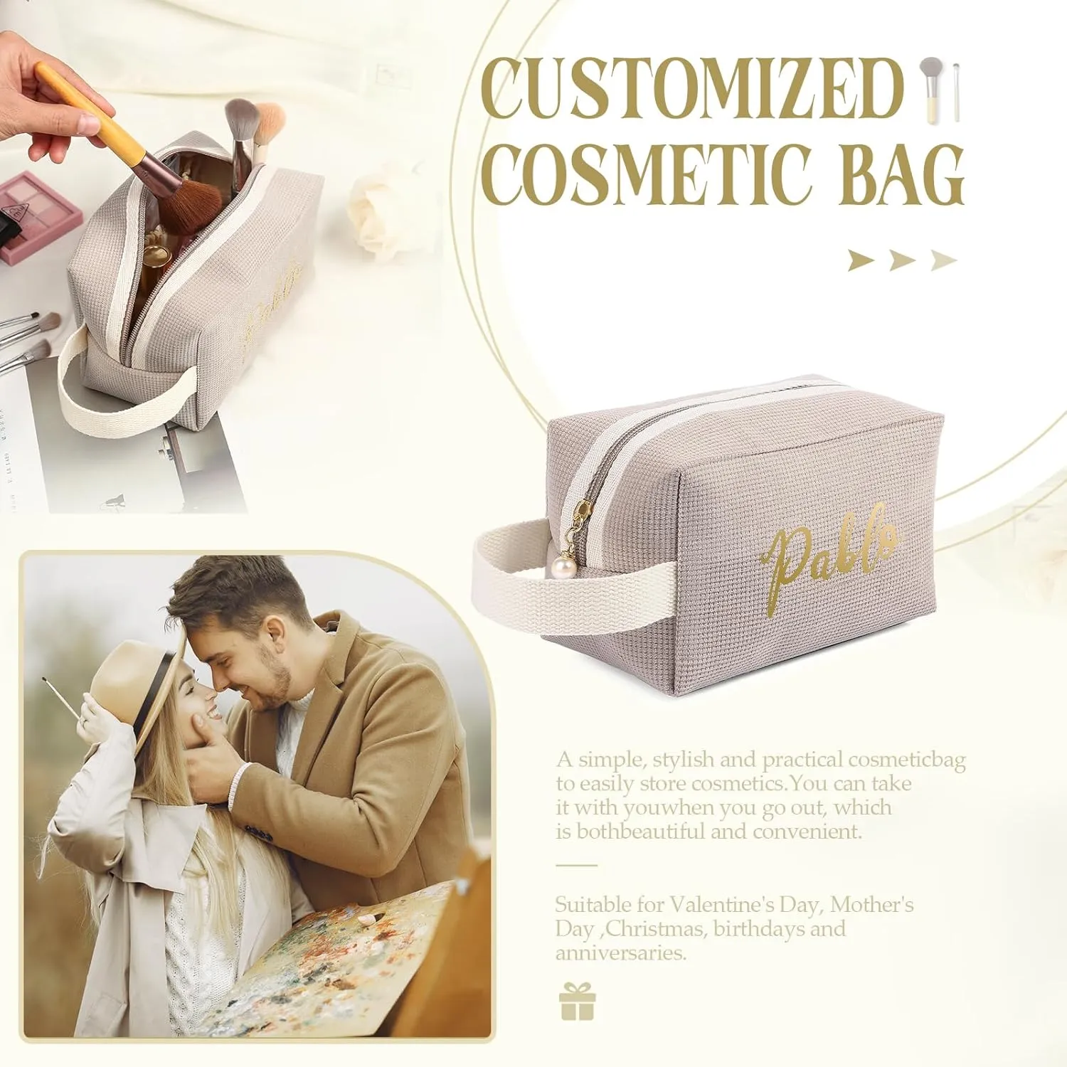 Personalized Name Makeup Bags for Women, Travel Cosmetic Bag Pouch, Small Makeup Bag for Purse, Customized Gifts for Women (Khaki)