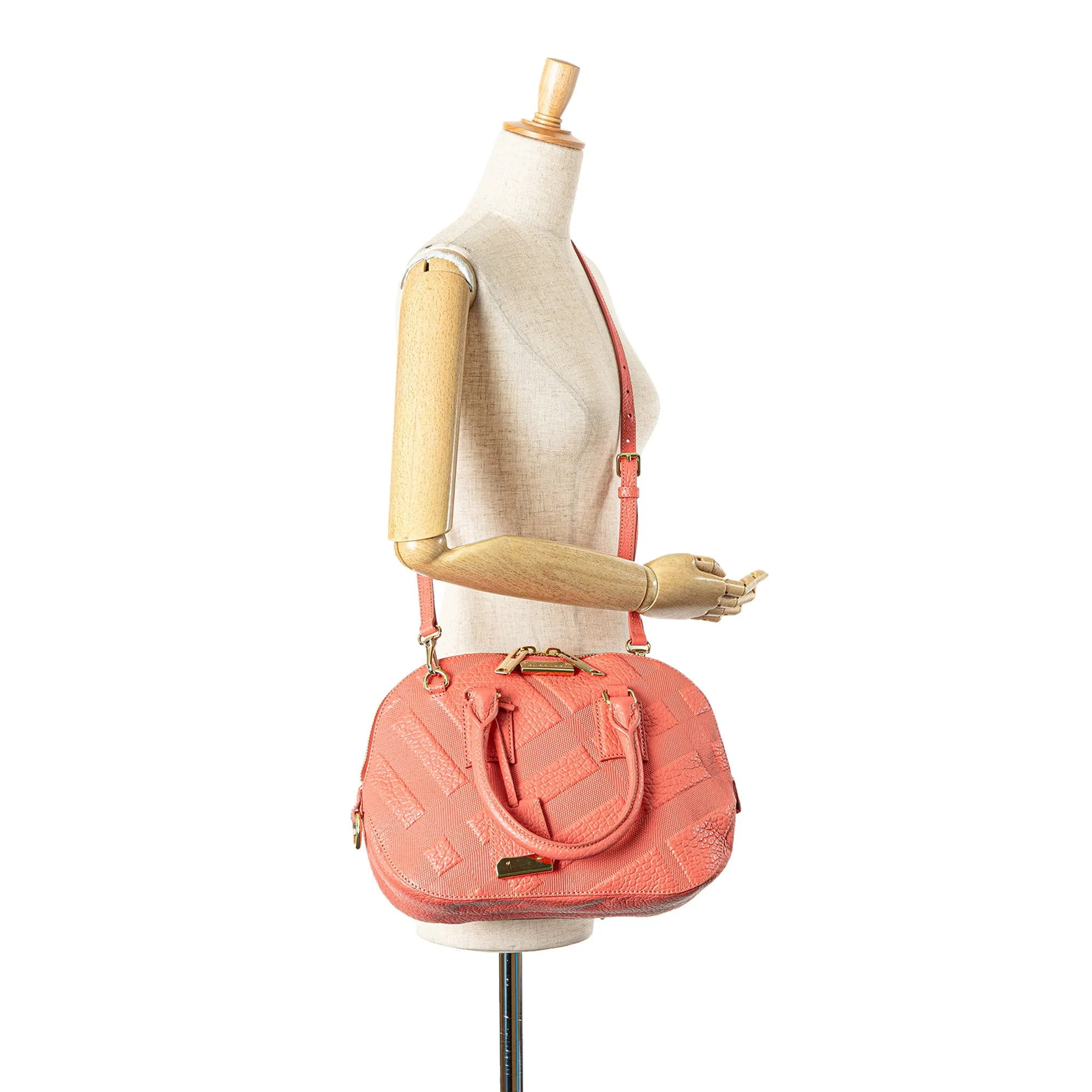 Pink Burberry Small Heritage Grain Check Embossed Orchard Bowling Bag Satchel