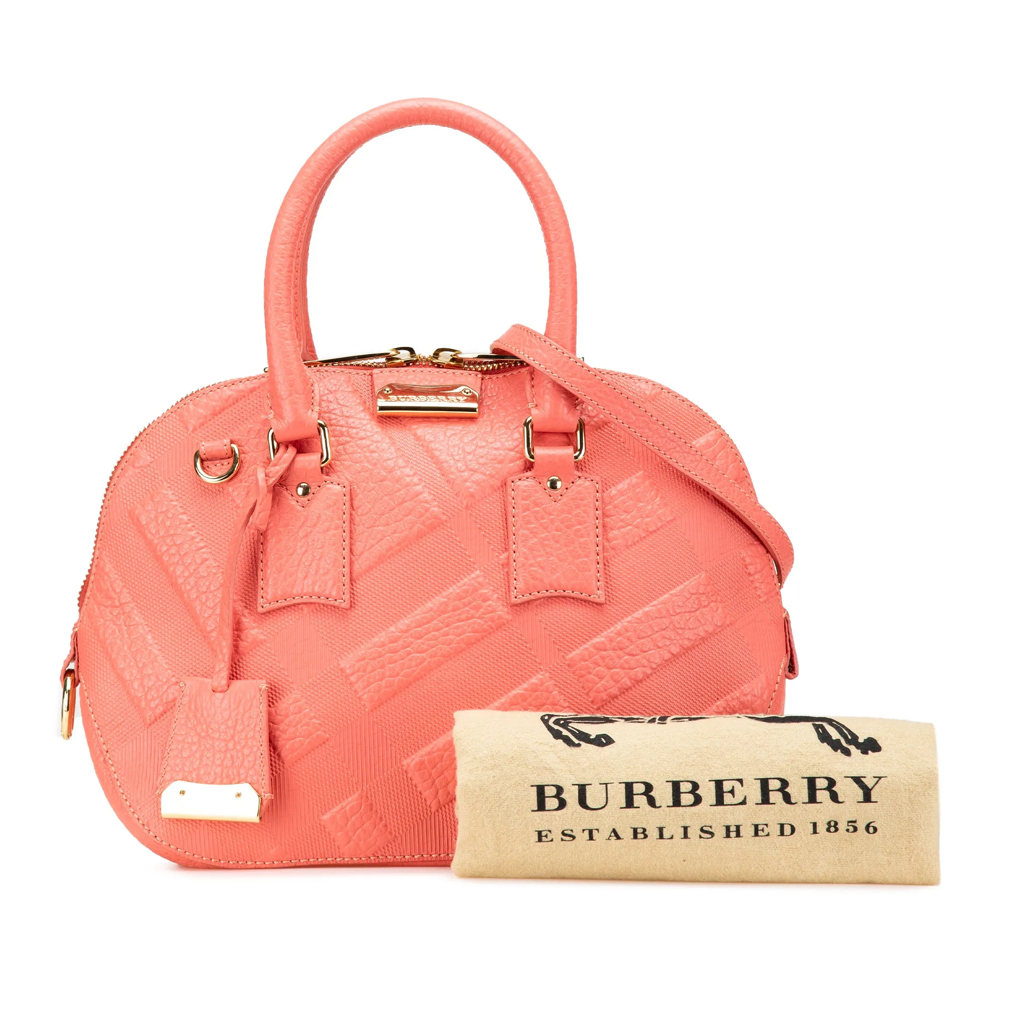 Pink Burberry Small Heritage Grain Check Embossed Orchard Bowling Bag Satchel