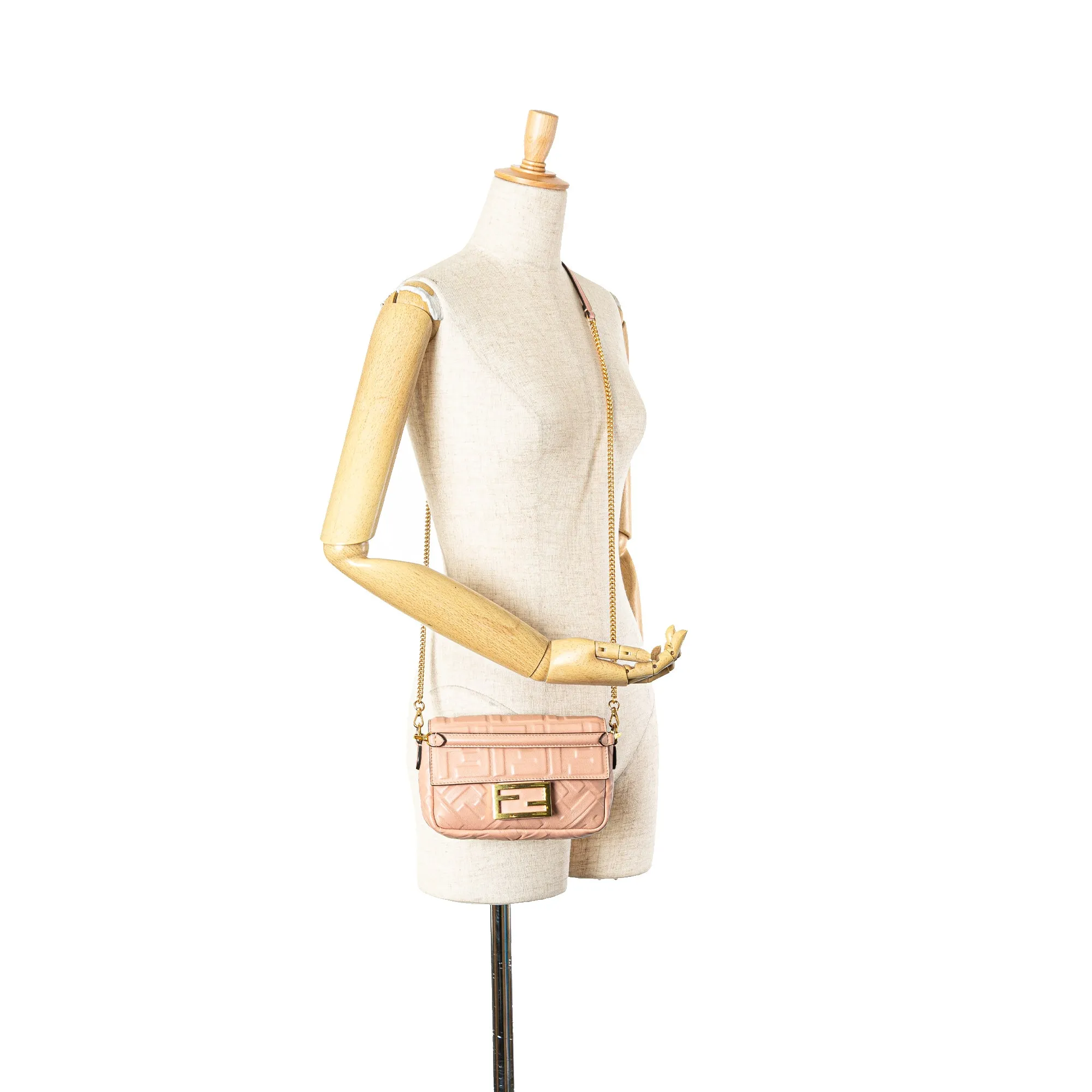 Pink Fendi Mini Embossed Zucca Baguette Satchel