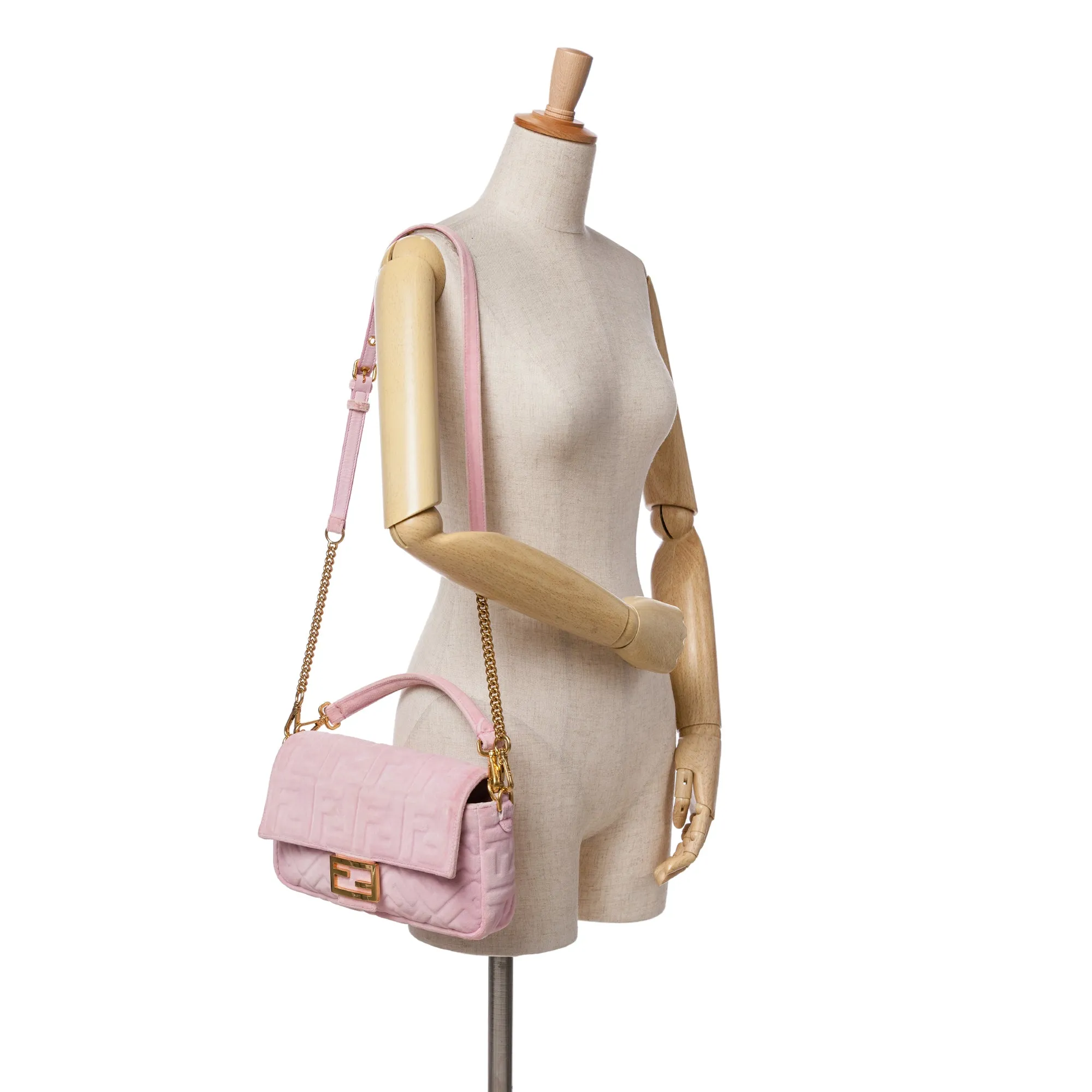 Pink Fendi Zucca Embossed Velvet Baguette Satchel
