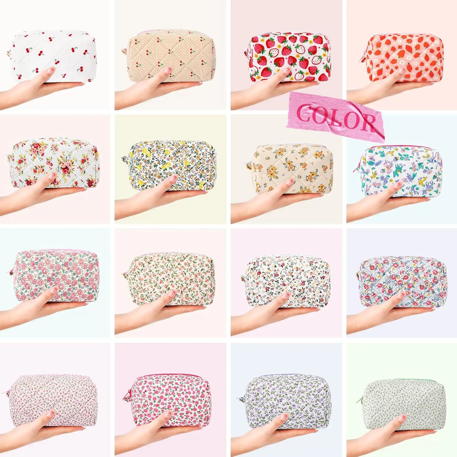 Pink Makeup Bag Floral Cosmetic Bag Puffy Coquette Quilted Makeup pouch Aesthetic Cute Pink Large Travel Toiletry Bag Organizer cotton Makeup Brushes Storage Bag for Women