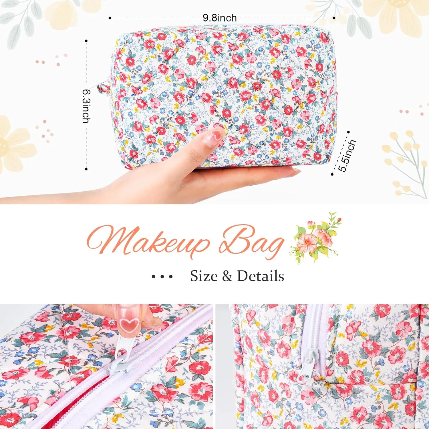 Pink Makeup Bag Floral Cosmetic Bag Puffy Coquette Quilted Makeup pouch Aesthetic Cute Pink Large Travel Toiletry Bag Organizer cotton Makeup Brushes Storage Bag for Women