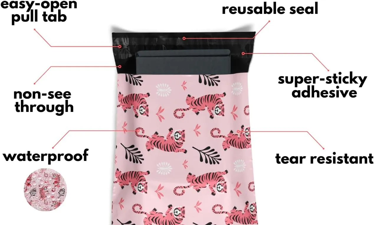 Poly Mailers 10x13 100 Pack | Self-Sealing Shipping Bags Envelopes for Small Business | Waterproof Durable Packaging | Tiger | Animal Pink Jungle Floral | à la mode Mailers