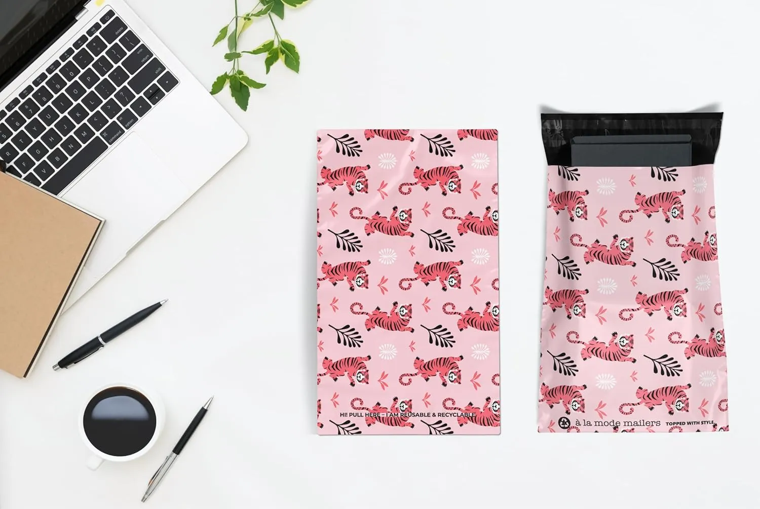 Poly Mailers 10x13 100 Pack | Self-Sealing Shipping Bags Envelopes for Small Business | Waterproof Durable Packaging | Tiger | Animal Pink Jungle Floral | à la mode Mailers