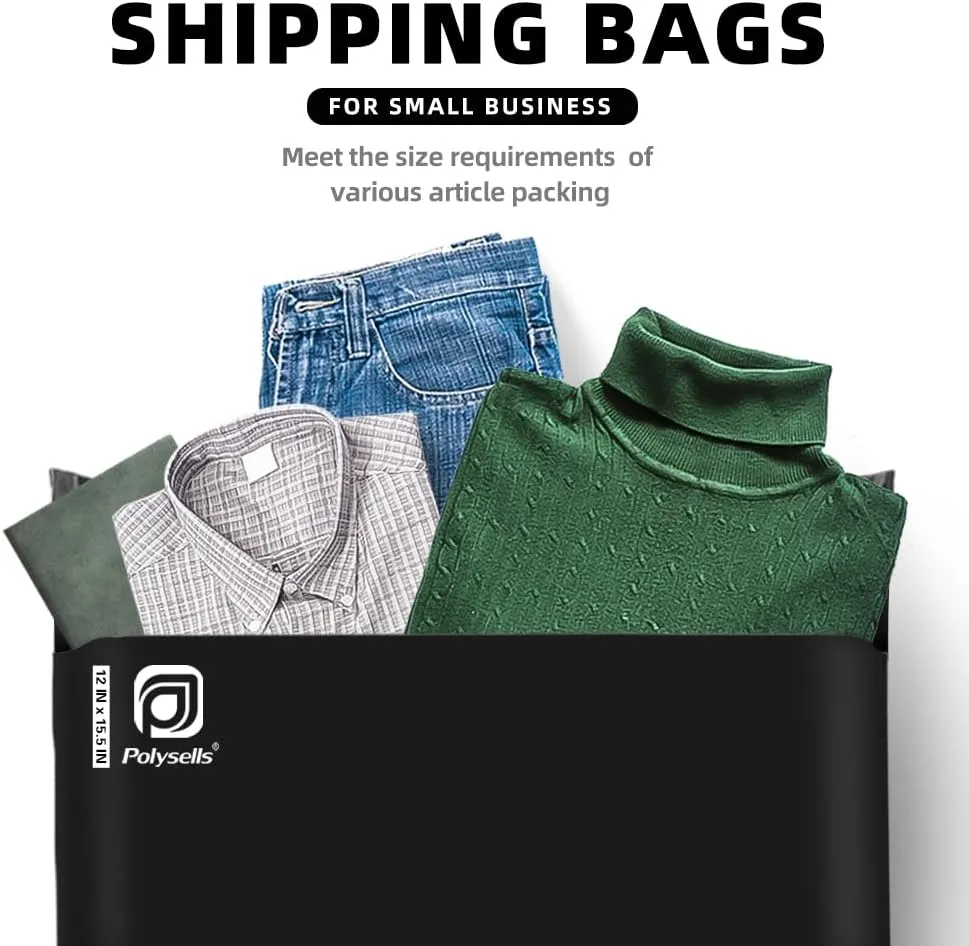 POLYSELLS 100 pcs 12x15.5 Inches Black Poly Mailers Shipping Envelopes, Strong Adhesive Sealing, Waterproof, and Tear-resistant Postal Mailing Bags for Clothing, Books, and Accessories