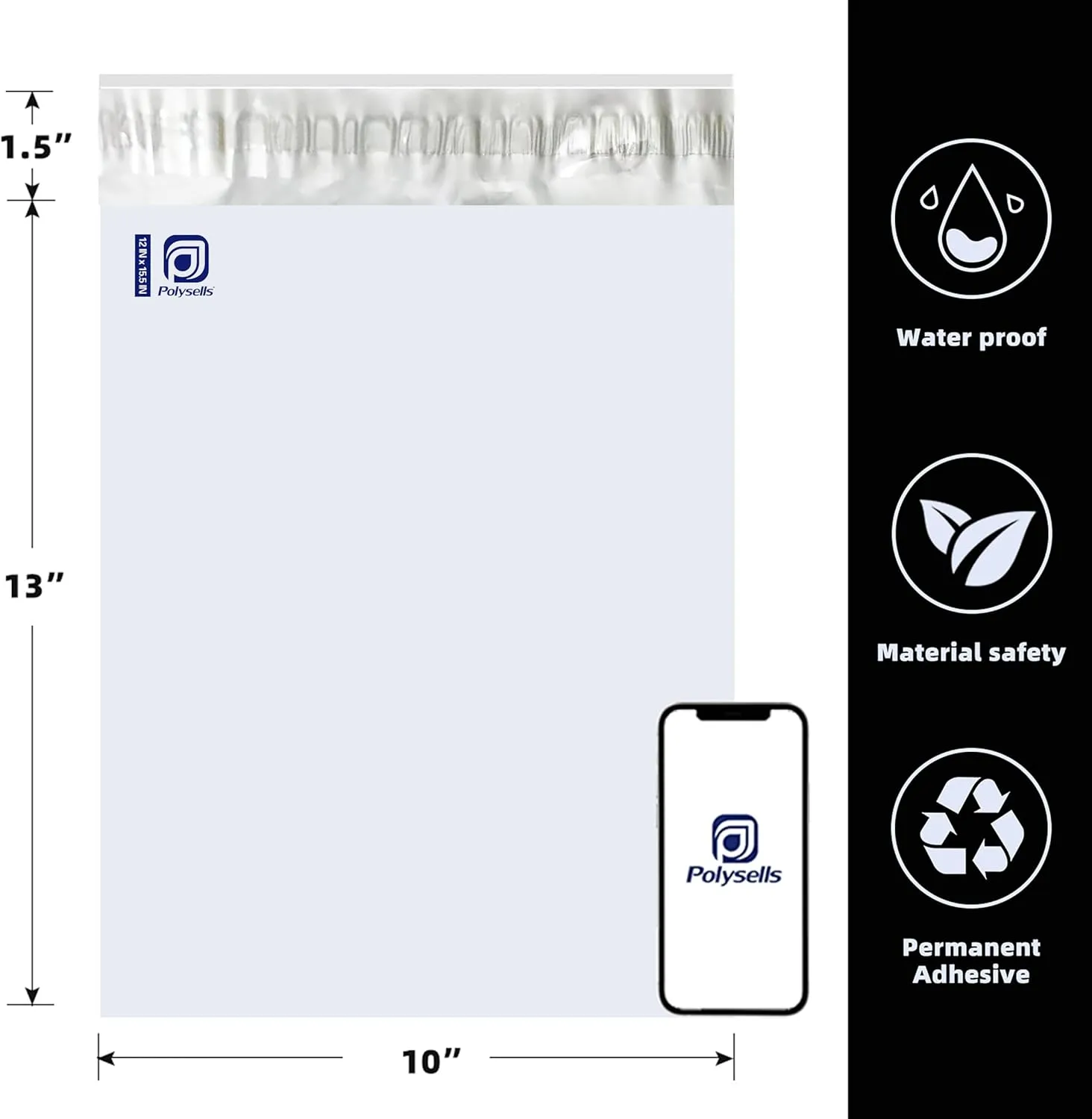 POLYSELLS 500 pcs 12x15.5 Inches White x Silver Poly Mailers Shipping Envelopes, Strong Adhesive Sealing, Waterproof, and Tear-resistant Postal Mailing Bags for Clothing, Books, and Accessories