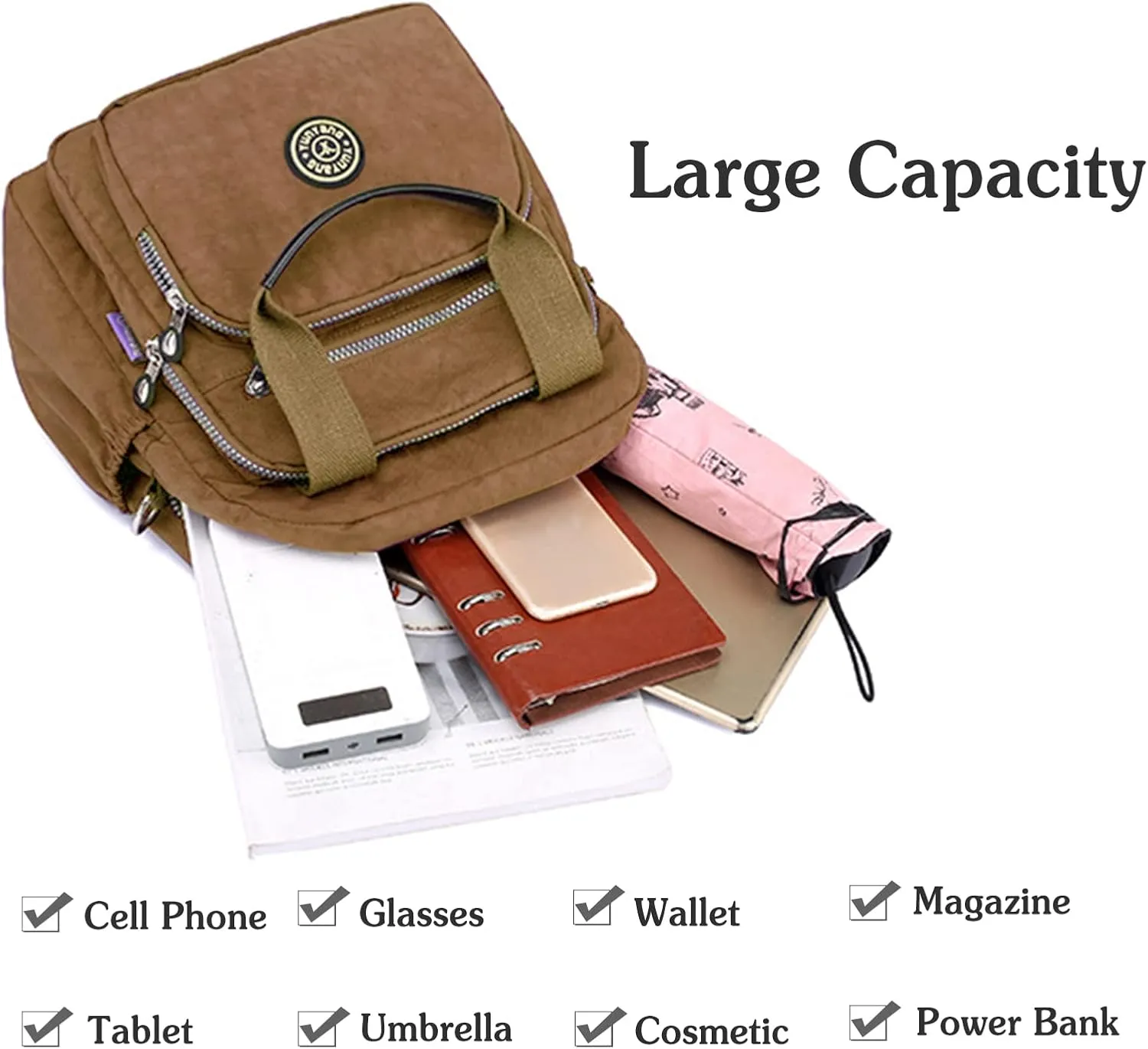 PORRASSO Casual Backpack Women Shoulder Bag Ladies Crossbody Bag Nylon Handbag Daypack for Work Travel Daily Use Khaki
