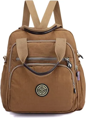 PORRASSO Casual Backpack Women Shoulder Bag Ladies Crossbody Bag Nylon Handbag Daypack for Work Travel Daily Use Khaki