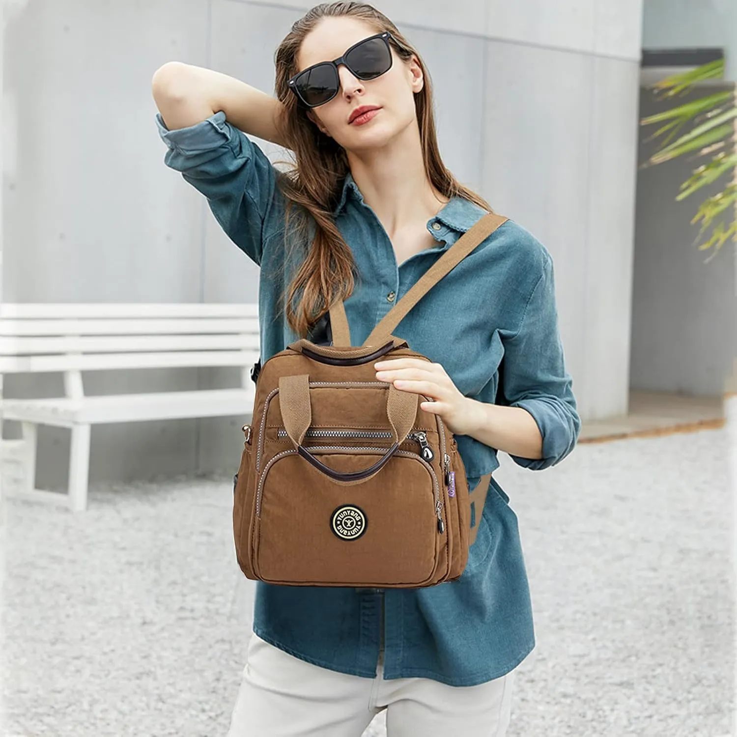 PORRASSO Casual Backpack Women Shoulder Bag Ladies Crossbody Bag Nylon Handbag Daypack for Work Travel Daily Use Khaki