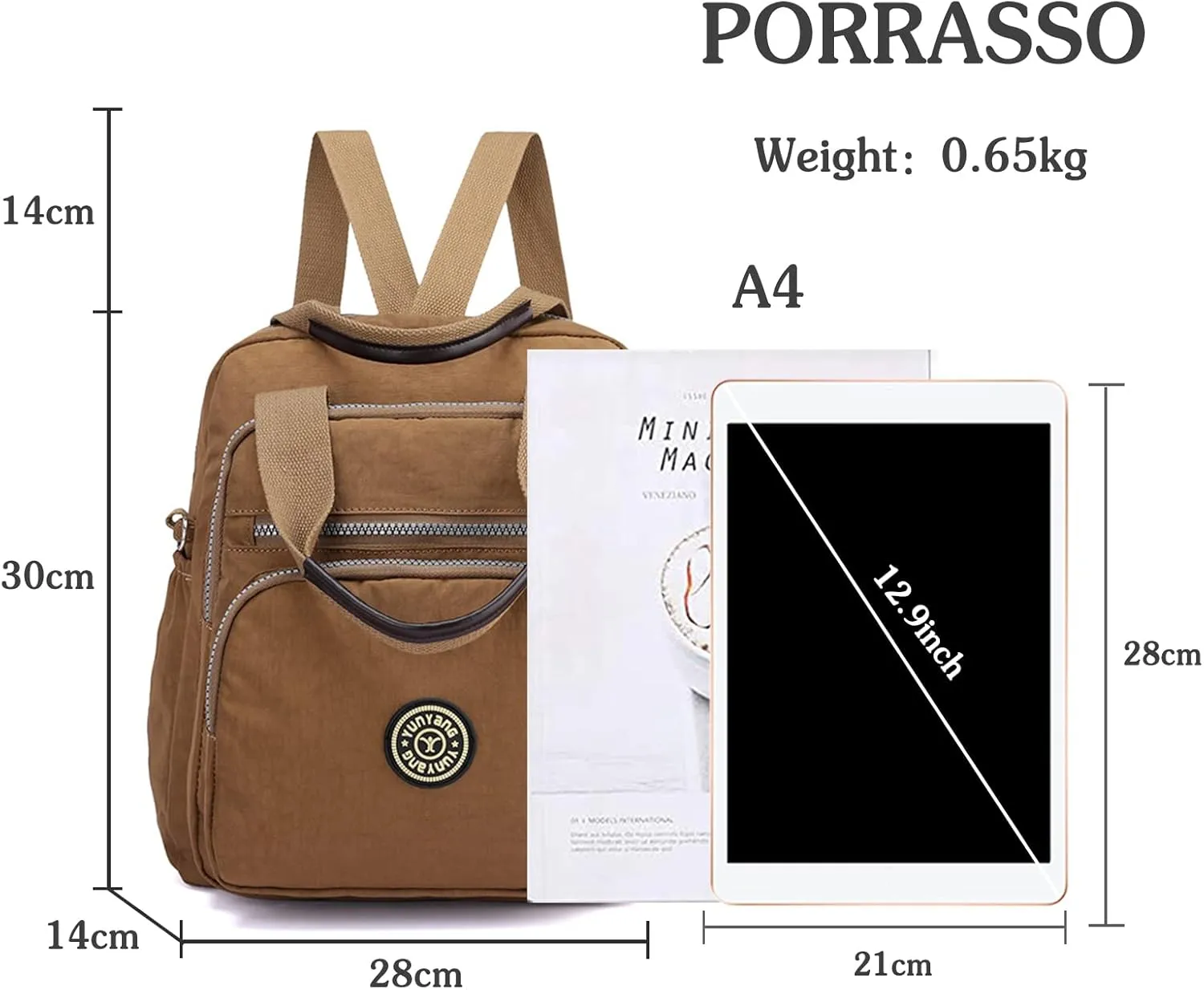 PORRASSO Casual Backpack Women Shoulder Bag Ladies Crossbody Bag Nylon Handbag Daypack for Work Travel Daily Use Khaki