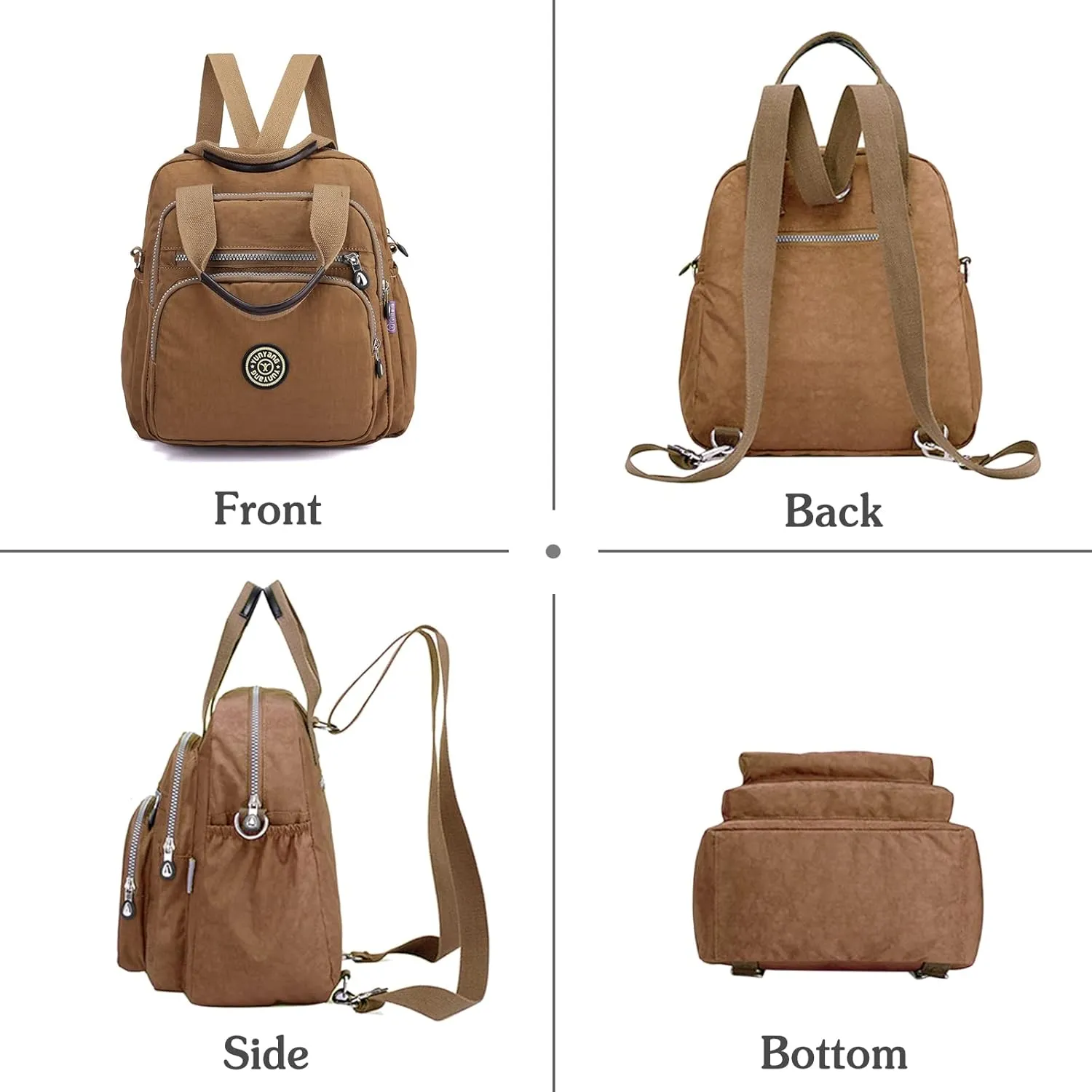 PORRASSO Casual Backpack Women Shoulder Bag Ladies Crossbody Bag Nylon Handbag Daypack for Work Travel Daily Use Khaki