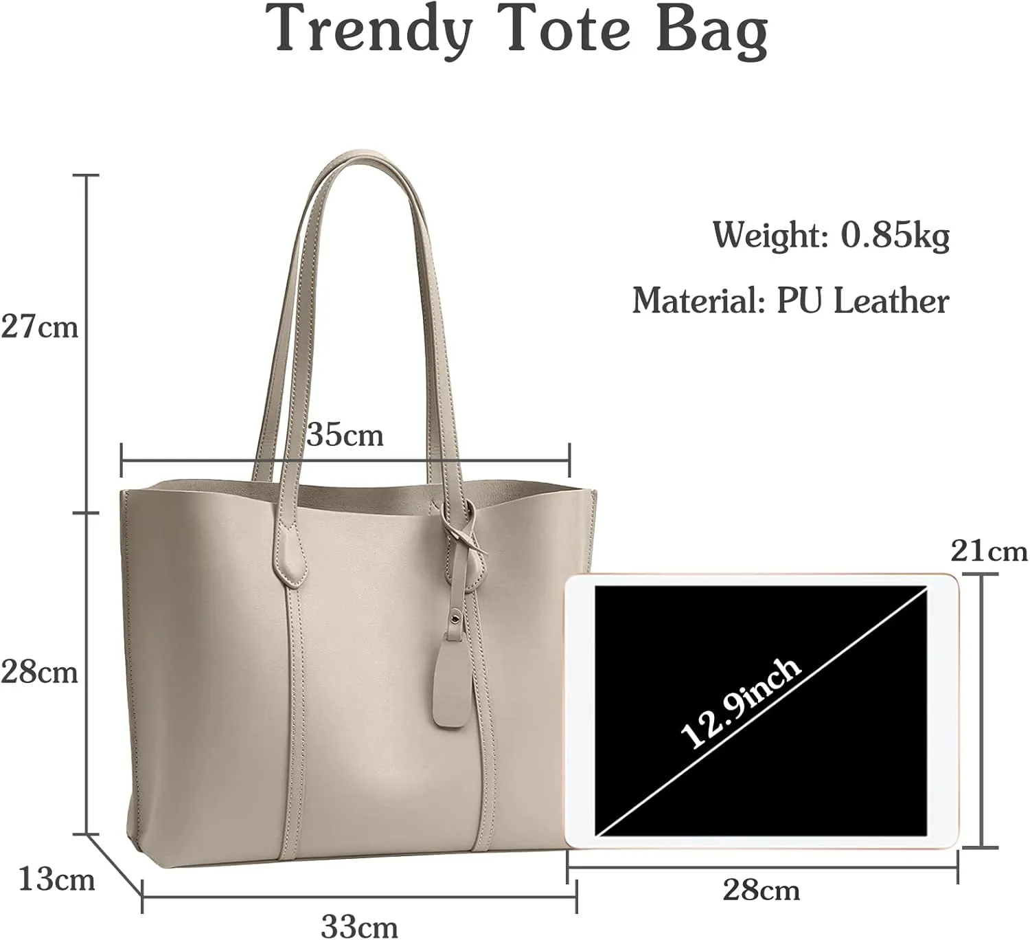 PORRASSO Women's Tote Handbag - Large PU Leather Top-Handle Bag for Work, Travel & Shopping - Khaki