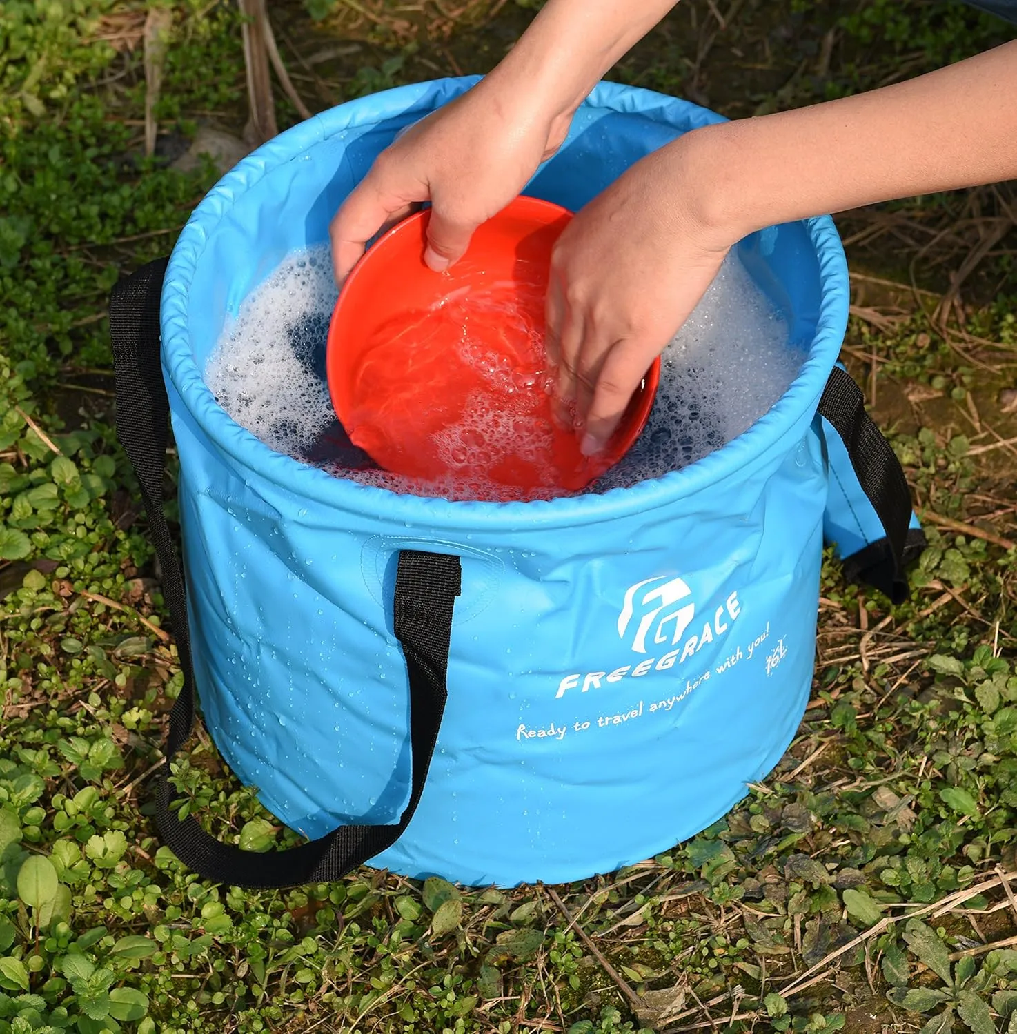 Premium Collapsible Bucket by Freegrace - Compact Portable Folding Water Container - Lightweight & Durable - Includes Handy Tool Mesh Pocket