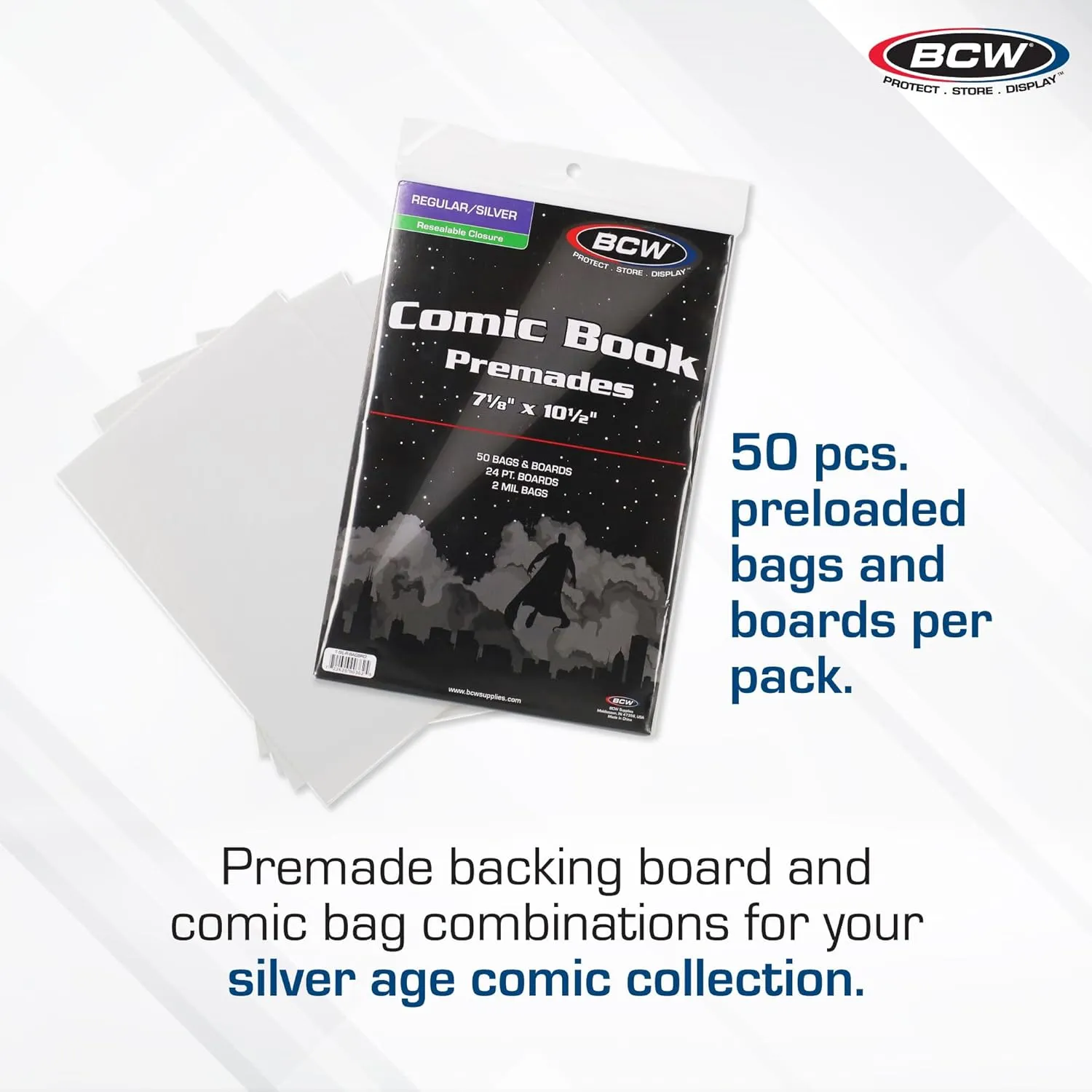 Premium Silver Age Comic Premade Resealable Bags with Backer Boards | 7 ⅛" x 10 ½" | Pre-Loaded & Archival Comic Sleeves and Boards | Crystal Clear Storage for Collectors (50 Pack)