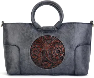 PU Handbag for Women,Vintage Design Embossed Totem Purse Organizer Top-Handle Satchel Handmade Medium Crossbody