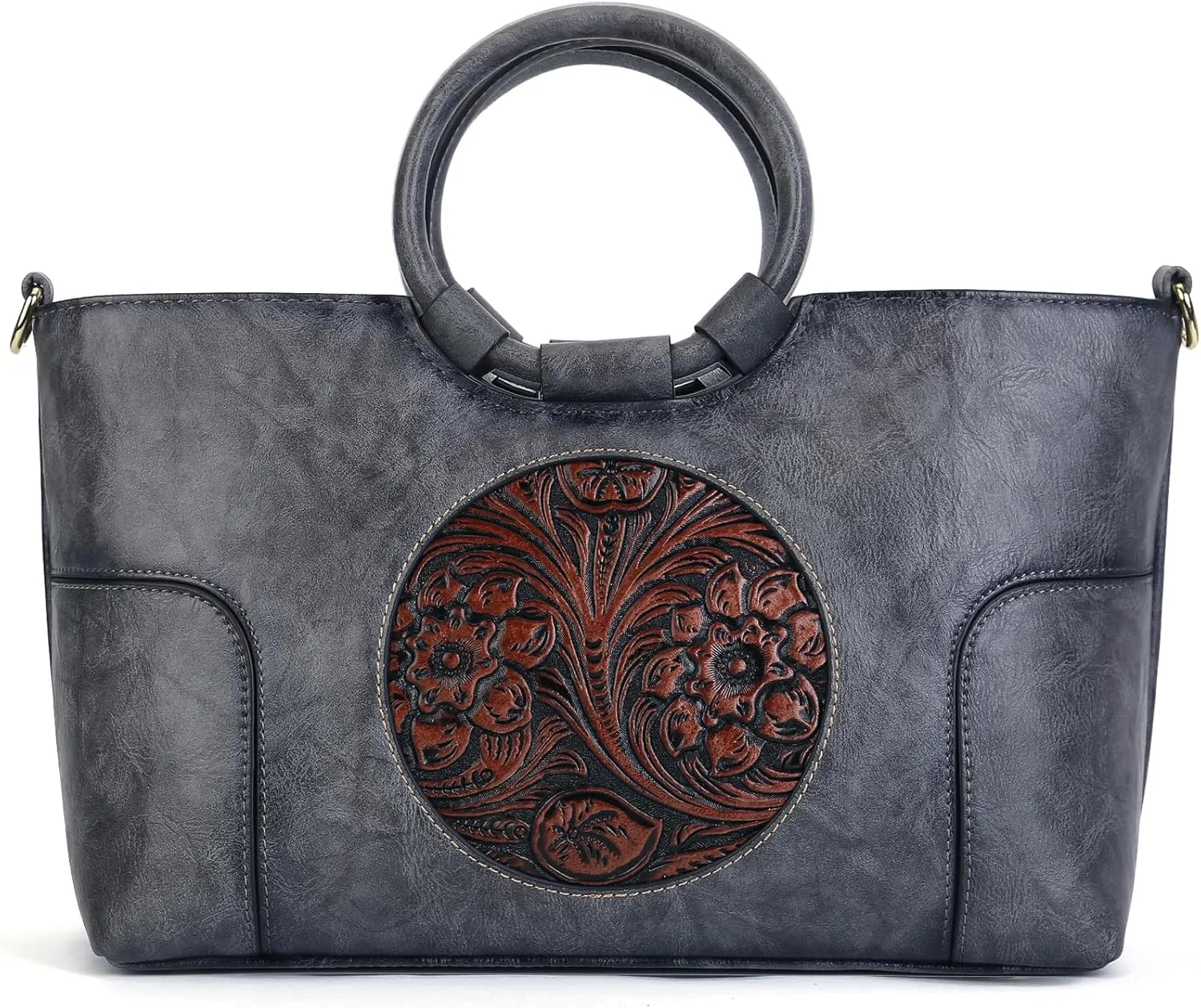PU Handbag for Women,Vintage Design Embossed Totem Purse Organizer Top-Handle Satchel Handmade Medium Crossbody