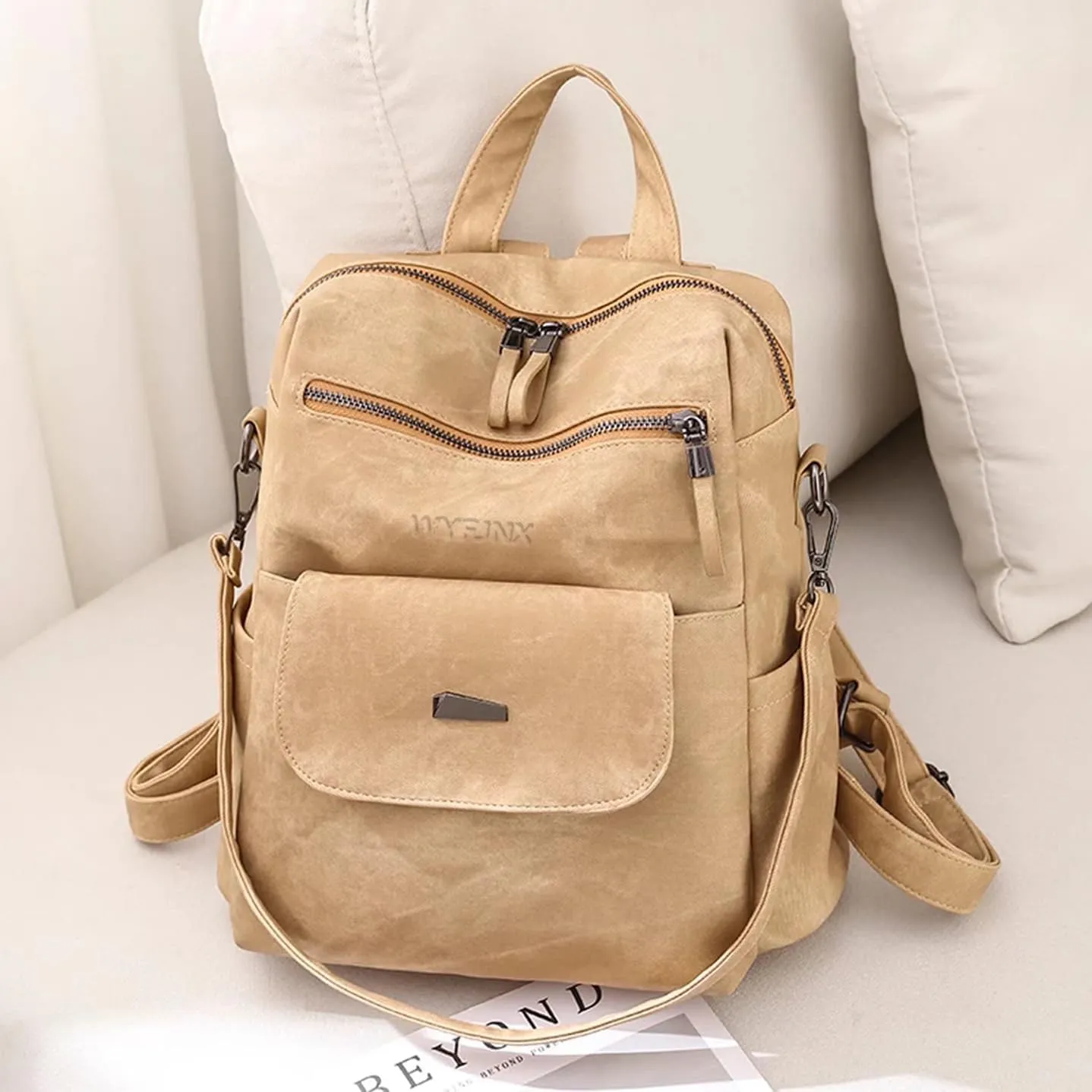 PU Leather Backpack Purse for Women Fashion Multipurpose Design Handbag Ladies Shoulder Bags Travel Backpack Khaki