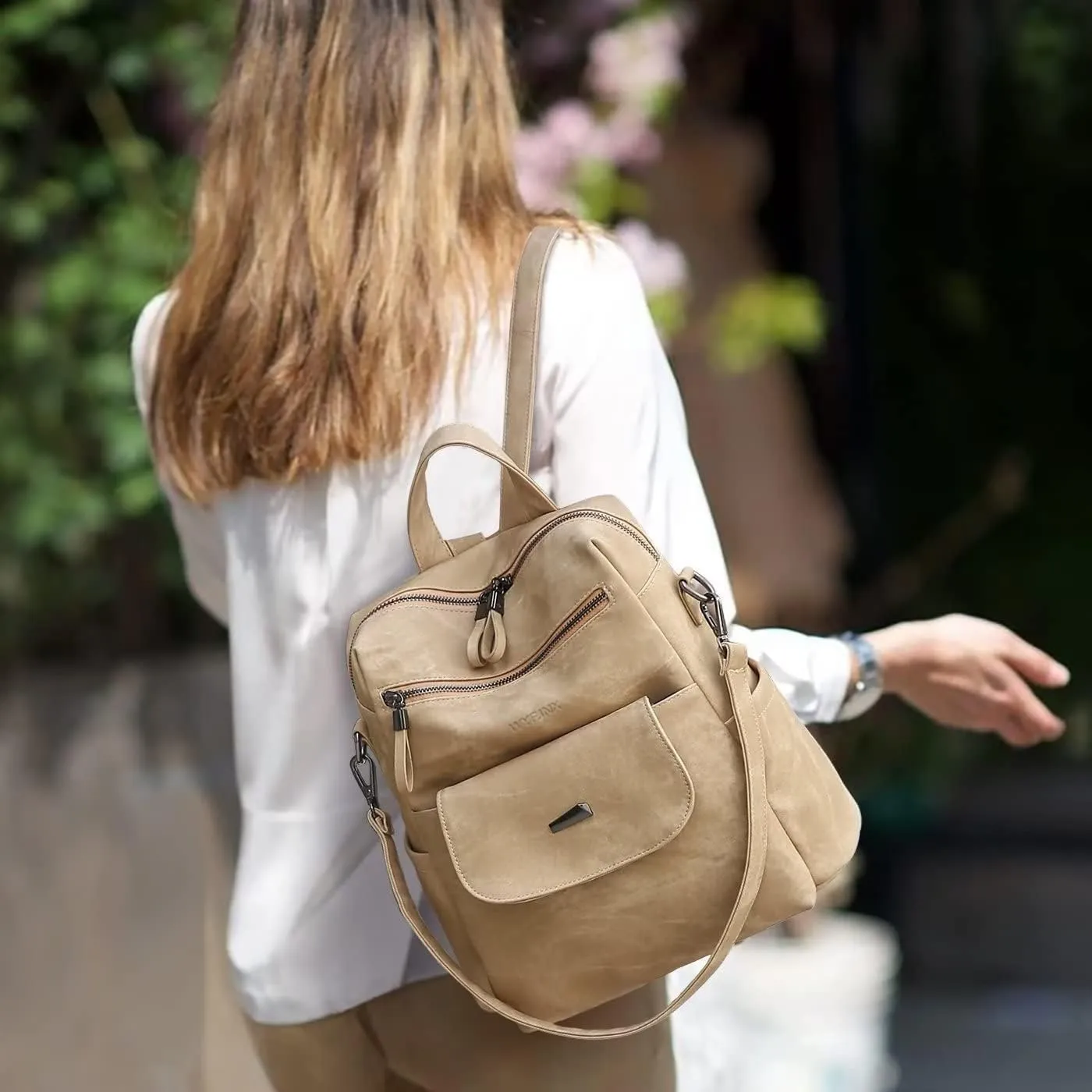 PU Leather Backpack Purse for Women Fashion Multipurpose Design Handbag Ladies Shoulder Bags Travel Backpack Khaki