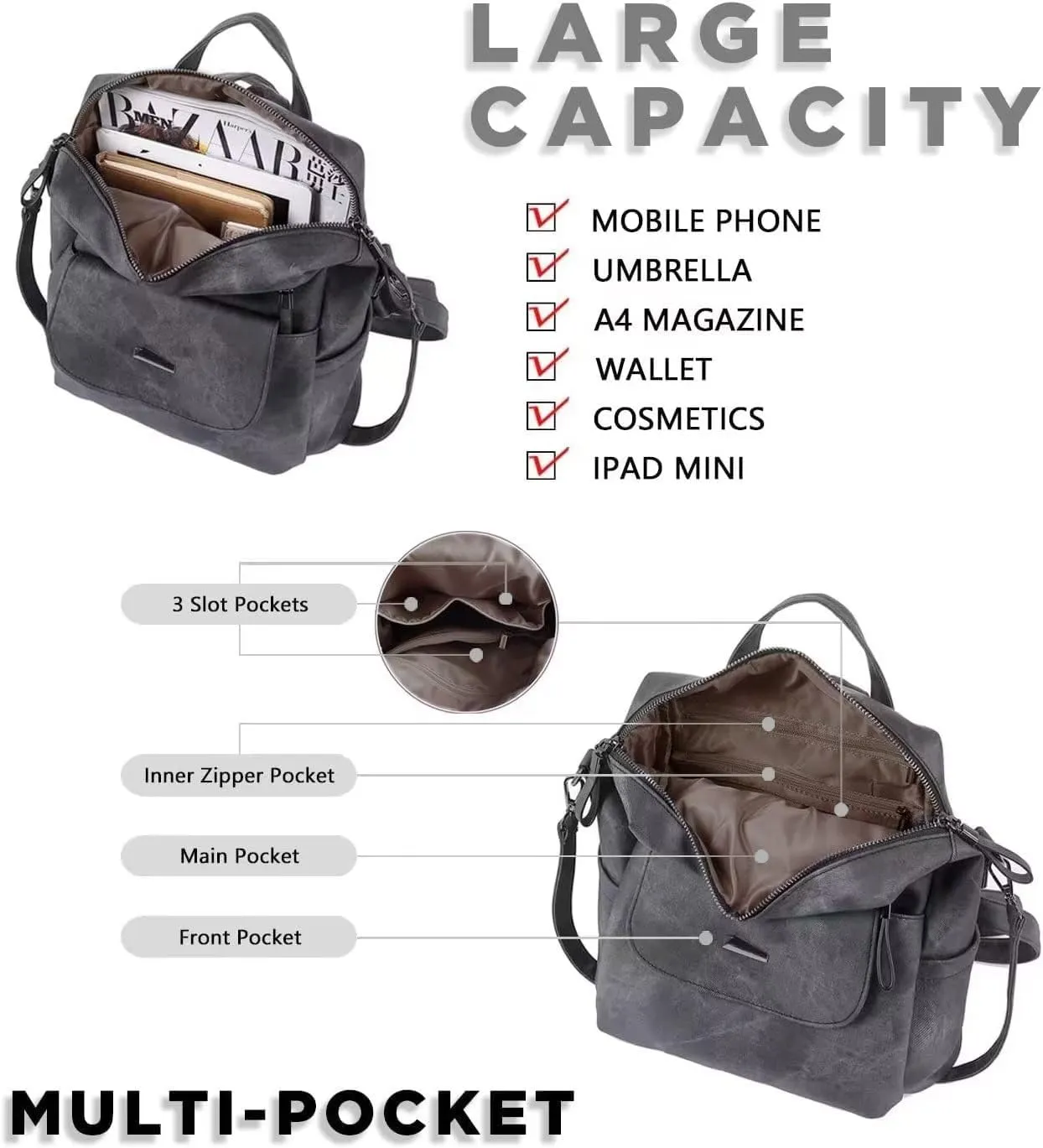 PU Leather Backpack Purse for Women Fashion Multipurpose Design Handbag Ladies Shoulder Bags Travel Backpack Khaki