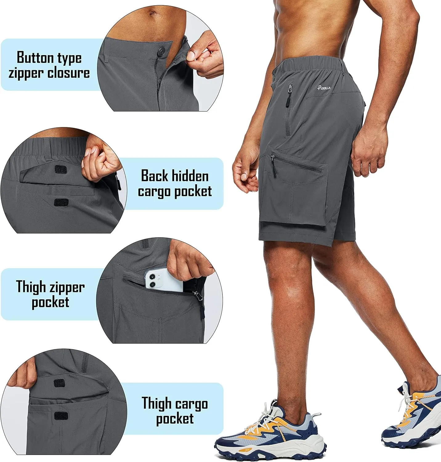 Pudolla Men's Hiking Cargo Shorts Quick Dry Outdoor Travel Shorts for Men with Multi Pocket for Fishing Camping Casual